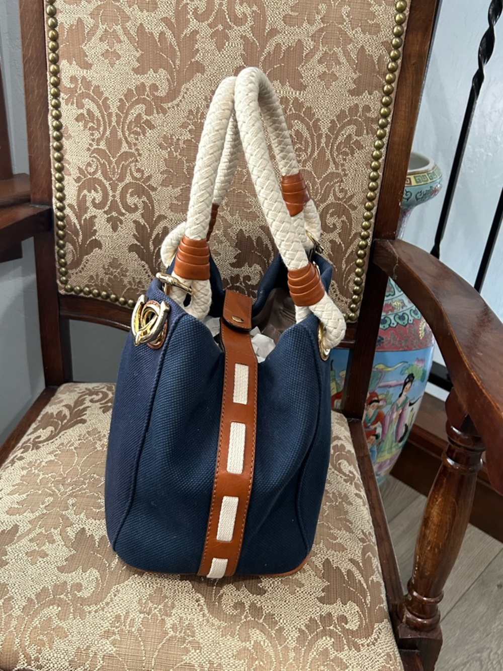 Michael Kors Marina Navy Blue Canvas Tote Bag - Picture 4 of 14